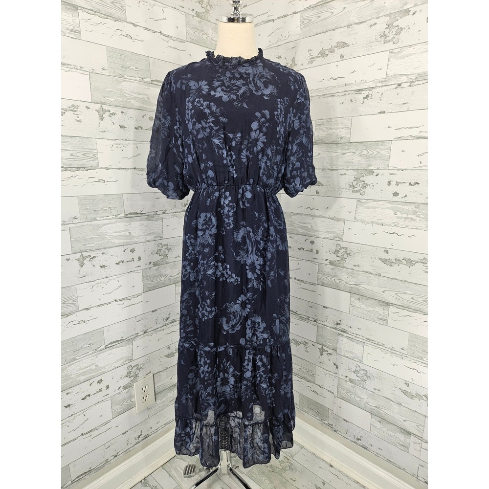 Elena Baldi Navy Floral Midi Dress XL Puff Sleeve Ruffle Neck Made in Italy